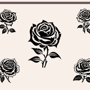 May include: Five black silhouette images of roses with stems and leaves. The roses are arranged in a symmetrical pattern.