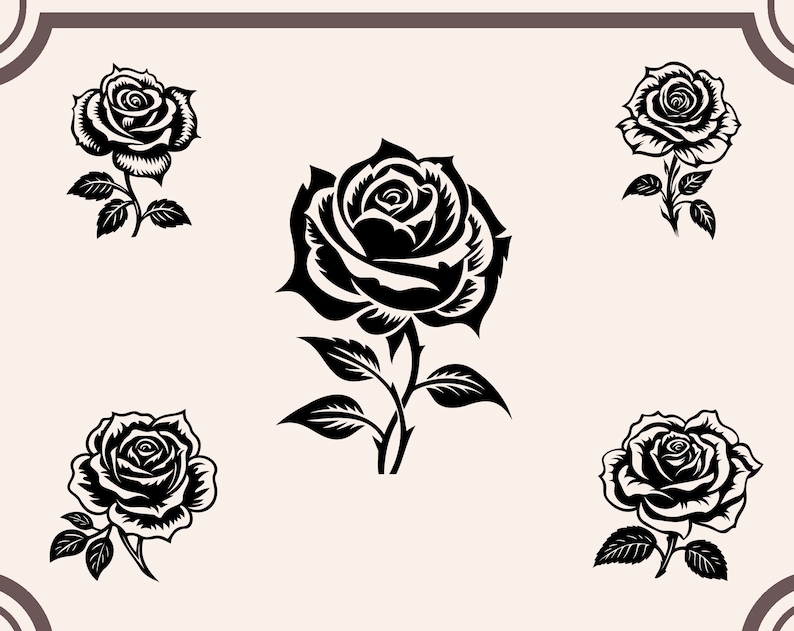 May include: Five black silhouette images of roses with stems and leaves. The roses are arranged in a symmetrical pattern.