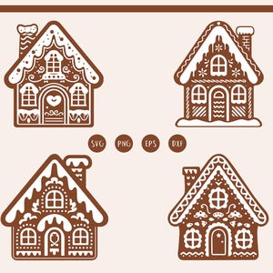 以下が含まれることがあります： 白いフロスティングと装飾的なディテールを施したジンジャーブレッドハウスのデザインが4つ。家は茶色で、白い屋根をしています。デザインには、ハート、雪片、星が含まれています。