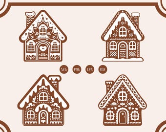 May include: Four gingerbread house designs featuring white icing and decorative details. The houses are brown and have a white roof. The designs include a heart, snowflakes, and stars.