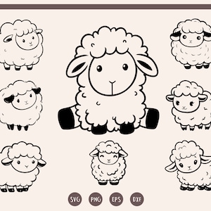 May include: A set of nine black and white line drawings of cute cartoon sheep. The sheep are in various poses, including sitting, standing, and looking to the side. The drawings are simple and whimsical, perfect for use in crafts, scrapbooking, or digital design.