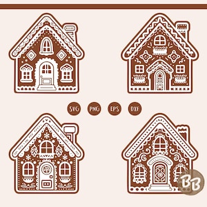 Può includere: Quattro modelli di casette di pan di zenzero marroni con dettagli decorativi bianchi. Ogni casa ha un design diverso per porta, finestra e tetto. L'immagine include il testo "SVG", "PNG", "EPS" e "DXF".
