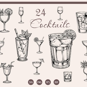 Cocktail svg Bundle, 24 Cocktails svg, Cocktail png, Cocktail Clipart, Shot Glass svg, Drink svg, Line Art Drink Clipart