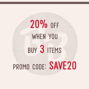 May include: A watercolor-style illustration of a circle with the text "20% OFF WHEN YOU BUY 3 ITEMS" and the promo code "SAVE20".