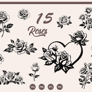May include: An illustration featuring 15 black rose designs, including individual flowers, bouquets, and a heart shape. The word "Roses" is written in a cursive style. File formats are SVG, PNG, EPS, and DXF.