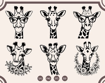 Pode incluir: Conjunto de seis ilustrações de cabeça de girafa em preto e branco. As girafas são representadas com diferentes expressões, incluindo o uso de óculos e com acentos florais.