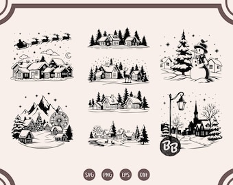 冬の村の風景クリップアートバンドル：クリスマスの風景（デジタルファイル）