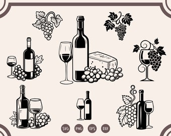 Paquete SVG de vino: Botella, copa y vid (archivos digitales)