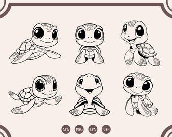Puede incluir: Seis dibujos en blanco y negro de tortugas marinas de dibujos animados. Cada tortuga tiene una expresión y una postura diferentes. Las tortugas están todas mirando hacia adelante.