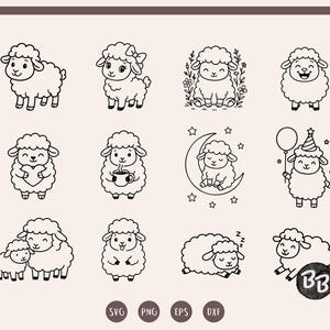 Op de afbeelding: Een verzameling zwart-wit illustraties van schapen in verschillende poses. Sommige schapen houden een hart, een koffiekopje of een ballon vast. Eén schaap slaapt, en een ander zit op een halve maan. De afbeelding bevat SVG-, PNG-, EPS- en DXF-bestandstype-pictogrammen.