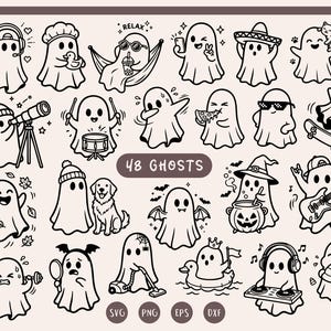 Pode incluir: Uma coleção de 48 ilustrações de fantasmas em preto e branco realizando várias atividades, como tocar música, comer pizza, andar de skate, usar um telescópio e relaxar. Inclui o texto 48 GHOSTS, SVG, PNG, EPS e DXF.