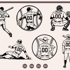 Könnte beinhalten: Eine Sammlung von schwarz-weißen Baseball-Illustrationen mit Spielern in verschiedenen Posen, darunter beim Schlagen, Werfen und Fangen. Jedes Trikot zeigt den Text YOUR NAME und die Nummer 00. Enthält die Dateikennzeichnungen SVG, PNG, EPS und DXF.