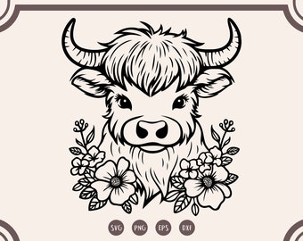 Floral Highland Cow svg, Highland Cow with Flower Clipart, Cow Floral svg, png