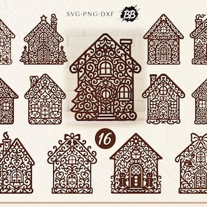 Pode incluir: Uma coleção de dezasseis silhuetas de casas de gengibre castanho-escuras com padrões intrincados de volutas e filigrana. Cada design inclui detalhes únicos como chaminés, árvores, corações e figuras de gengibre, em formatos SVG, PNG e DXF.