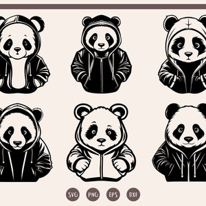 Lindo paquete de svg de panda, svg de panda con capucha, svg de oso panda hip hop, clipart de panda genial, archivo de corte de oso panda hipster, svg de cara de panda genial, png