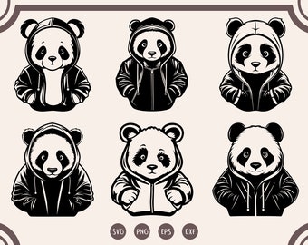 May include: Six black and white illustrations of pandas wearing hoodies. The pandas are in different poses, some with their arms crossed, some with their hands in their pockets, and some with their hands on their hips. The hoodies have different designs, some with zippers, some with drawstrings, and some with pockets.