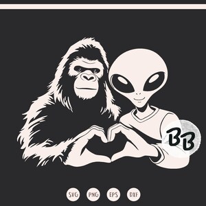 May include: Black and white graphic of a gorilla and an alien forming a heart shape with their hands. The alien is wearing a short-sleeved shirt. The image includes the letters "BB" and file type icons.