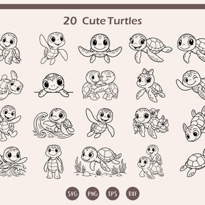 以下が含まれることがあります： 20匹のかわいいカメのデザインが描かれた白黒イラスト。各カメはユニークなポーズをしており、花や波を持つものもあります。「20 Cute Turtles」の文字が上部にあり、ファイルタイプのアイコンが下部にあります。