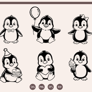 May include: A collection of six black and white penguin illustrations. Each penguin has a unique design, including a bow tie, a balloon, a bow, a birthday hat with a cake, a heart, and an ice cream cone. The image also includes the file type icons: SVG, PNG, EPS, and DXF.