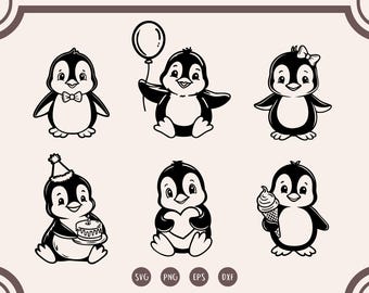 Cute Penguin svg Bundle, Penguin with Cake svg, Penguin with ice cream, Penguin with a balloon svg, png