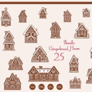 Può includere: Una collezione di 25 illustrazioni di case di pan di zenzero in vari design. Le case sono marroni con dettagli bianchi, con finestre, porte ed elementi decorativi. L'immagine include il testo "Bundle Gingerbread House 25" e icone di tipo di file.