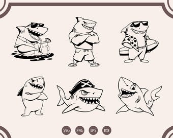 Cute Shark svg Bundle, Funny Shark svg, Shark Clipart, Shark With surfboards svg, Pirate Shark svg, png