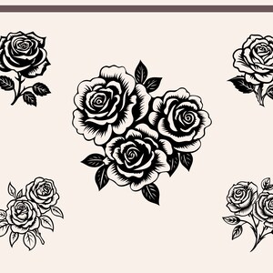 May include: Black and white silhouette illustration of six roses with stems and leaves. The roses are arranged in different groupings, including a single rose, a bouquet of three roses, and a pair of roses.