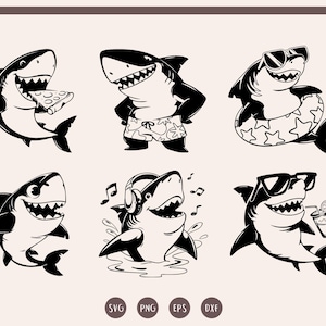 Paquete de SVG de tiburón lindo, SVG de tiburón divertido, Clipart de tiburón, SVG de tiburón con pizza, SVG de tiburón de dibujos animados, png