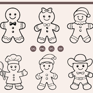 May include: A set of six black and white outline illustrations of gingerbread people. The gingerbread people are wearing different hats and accessories, including a chef's hat, a cowboy hat, a Santa hat, and a bow.