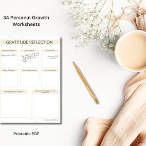May include: A printable gratitude reflection worksheet with sections for personal growth, relationships, achievements, simple pleasures, health and wellbeing, acts of kindness, most memorable moments, and highlights that brought you happiness.