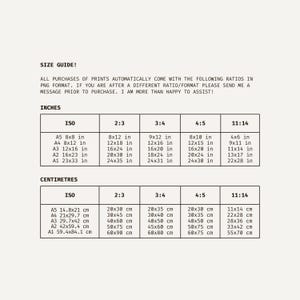 May include: A size guide chart with measurements in inches and centimetres for print ratios. The chart includes ISO, 2:3, 3:4, 4:5, and 11:14 ratios, with corresponding dimensions for A5, A4, A3, A2, and A1 sizes.