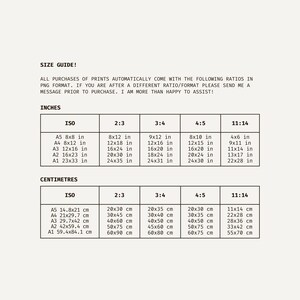 May include: A size guide chart with measurements in inches and centimeters for print sizes. The chart includes ISO, 2:3, 3:4, 4:5, and 11:14 ratios, with corresponding dimensions for A5, A4, A3, A2, and A1 sizes.