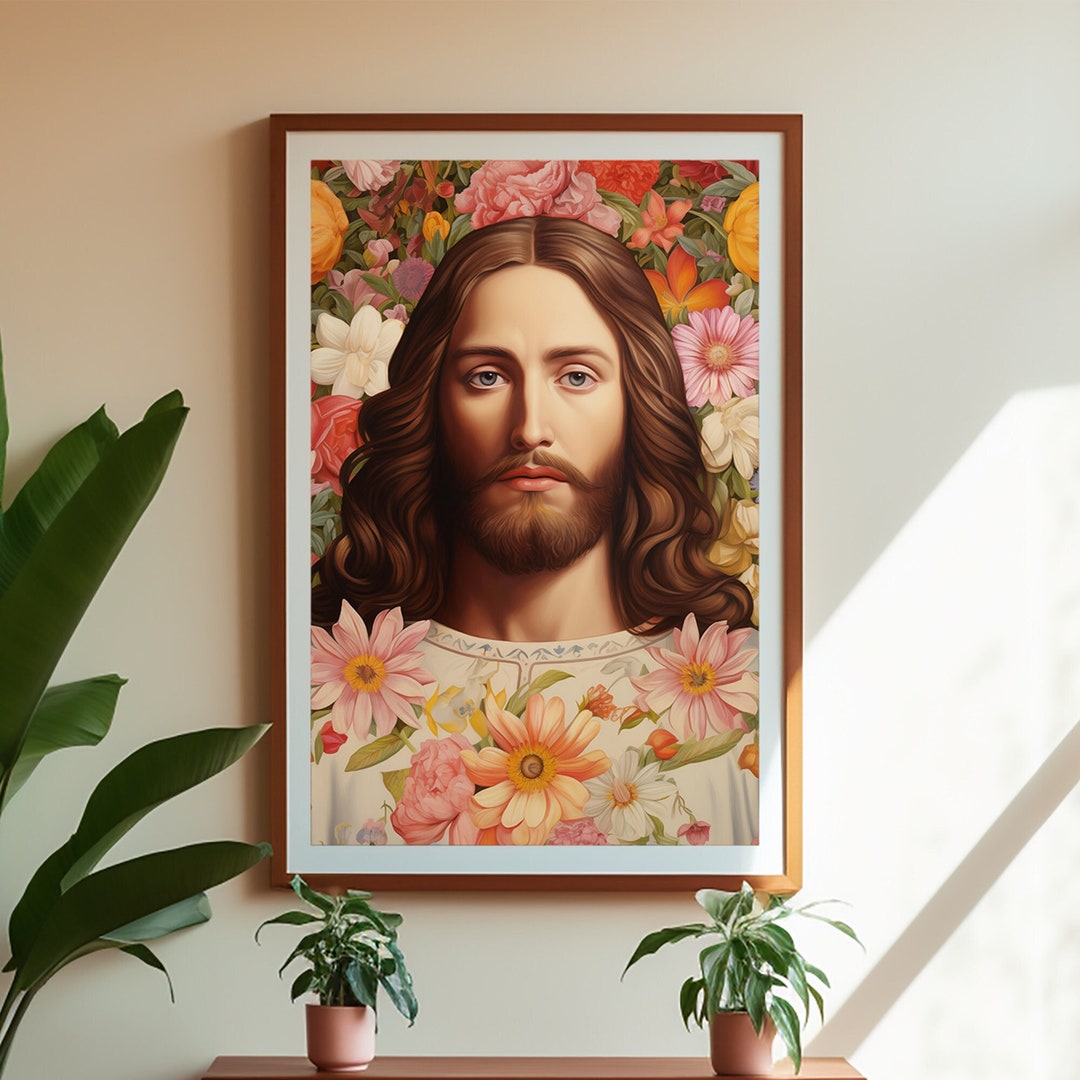 Jesus Wall Art Home Decor Jesus Painting Flowers Print Etsy