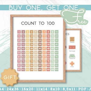 Póster imprimible de contar hasta 100, tabla de números, póster de formas para regalar, matemáticas para la educación en casa, póster educativo, descarga digital