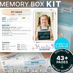 School Memory Box Printable, Milestone Tote Labels, School Keepsake Box Filing System, Yearly Questionnaire & Grade Pages,Editable Canva PDF