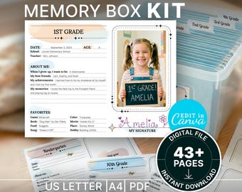 School Memory Box Printable, Milestone Tote Labels, School Keepsake Box Filing System, Yearly Questionnaire & Grade Pages,Editable Canva PDF