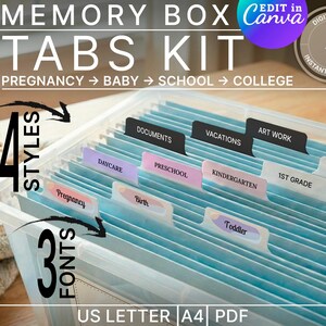 Puede incluir: Una caja de memoria de plástico transparente con carpetas azules y pestañas etiquetadas. Las pestañas incluyen "Embarazo", "Bebé", "Escuela" y "Universidad". La imagen también muestra el texto "Memory Box Tabs Kit" y "US Letter A4 PDF."