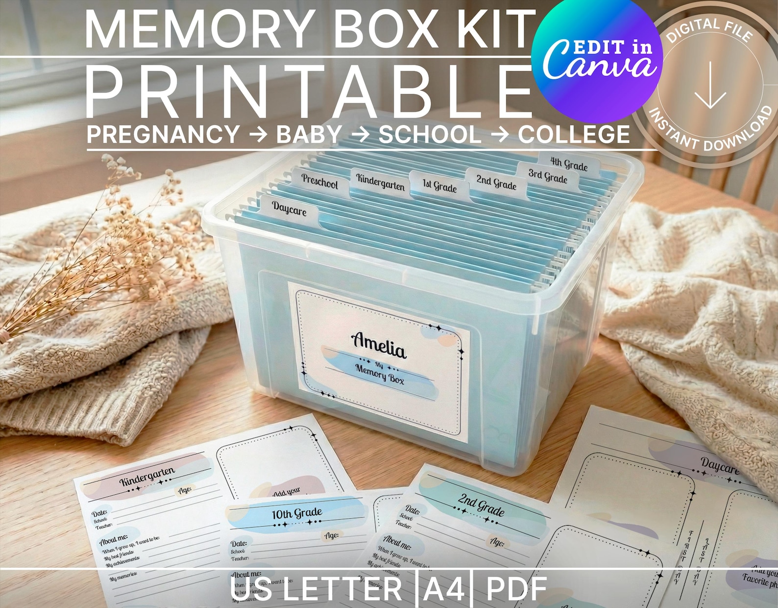 School Memory Box Printable, Milestone Tote Labels, School Keepsake Box ...