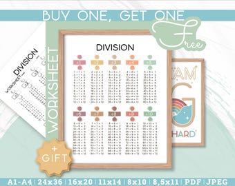 Tabla de división imprimible, tabla de división, hoja de trabajo, matemáticas para la educación en casa, hoja de referencia matemática, póster educativo, descarga digital