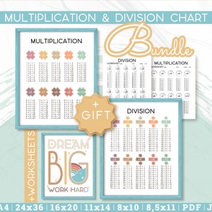 Paquete de tablas de multiplicación y división / Tabla de multiplicar, Tabla de división, Hojas de trabajo, Matemáticas para la educación en casa, Pósters educativos, Descarga digital