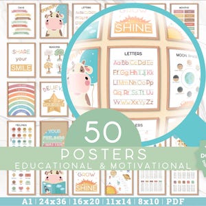 Juego de 50 carteles y citas motivacionales educativos para niños, aulas, alfabeto, decoración, números, escuela Montessori, letras ABC imprimibles