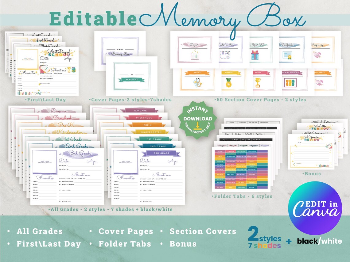 School Memory Box Kit & Milestone Tote Labels - Baby Keepsake Box ...