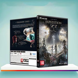 Puede incluir: Caja de juego para PC DVD-ROM de "Expedition 33" con una escena de fantasía y figuras. La caja presenta el texto "Clair Obscur" y "Tomorrow Comes". El juego está clasificado para mayores de 18 años.