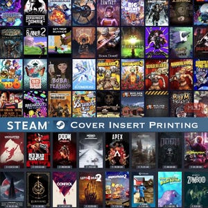 May include: A grid of various video game cover art images arranged in rows and columns, featuring titles like Borderlands, Doom, and Red Dead Redemption 2, with the text STEAM COVER INSERT PRINTING displayed prominently in the center.