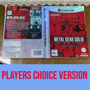 May include: A Nintendo GameCube game case insert for Metal Gear Solid: The Twin Snakes, Players Choice edition. The front features a red background with black character illustrations and white text. The back includes game details and screenshots.