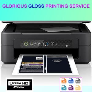 May include: A black printer with the text "GLORIOUS GLOSS PRINTING SERVICE" at the top. The printer is printing a document with the "ULTRA HD Blu-ray" logo and various file type icons. The document has text and a dark blue background.