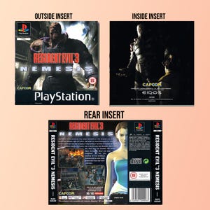 May include: A PlayStation game case for Resident Evil 3: Nemesis. The front cover displays a menacing creature and the game's title. The back shows a woman and game details. The inside insert shows a character in a dark setting.