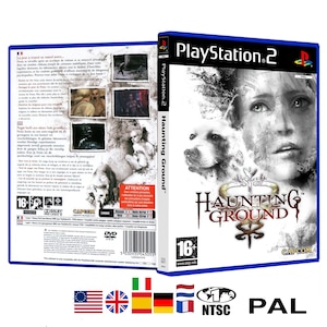 May include: PlayStation 2 game case for Haunting Ground. The front cover features a black and white image of a woman and a dog. The title "Haunting Ground" is in a stylized font with a snake symbol. The back cover features a description of the game in multiple languages.