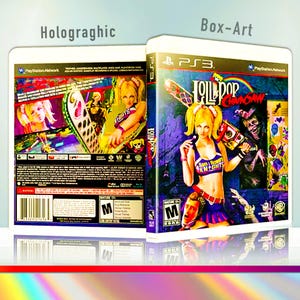 Può includere: Una custodia per videogiochi per Playstation 3 con uno sfondo rosa e viola su cui una donna tiene una motosega. Il gioco si chiama "Lollipop Chainsaw" e presenta il testo "San Romero Knights".