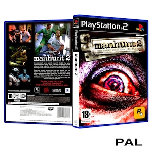 May include: PlayStation 2 game case for Manhunt 2. The front cover features a close-up of a bloody eye with a red and black symbol in the pupil. The back cover features a description of the game and a rating of 18+.